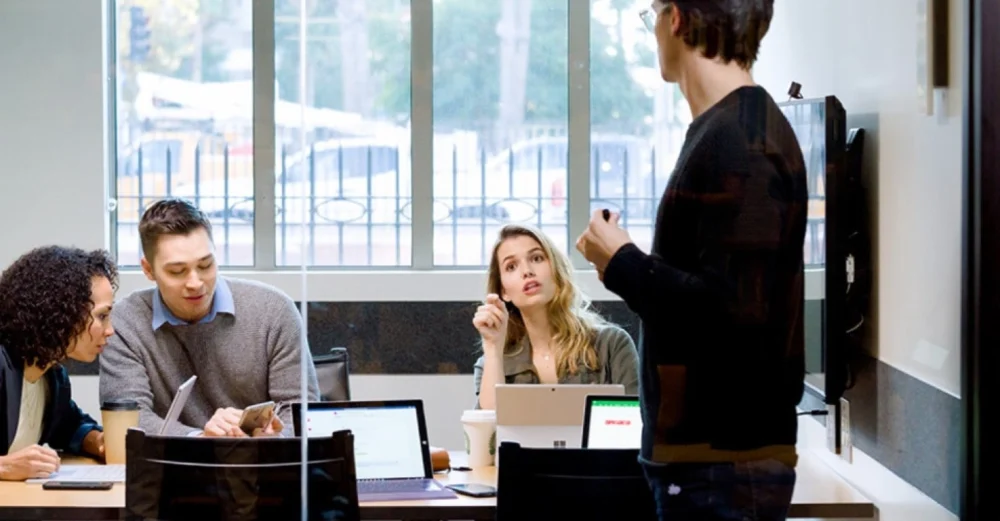 A team discussing ideas in a workshop